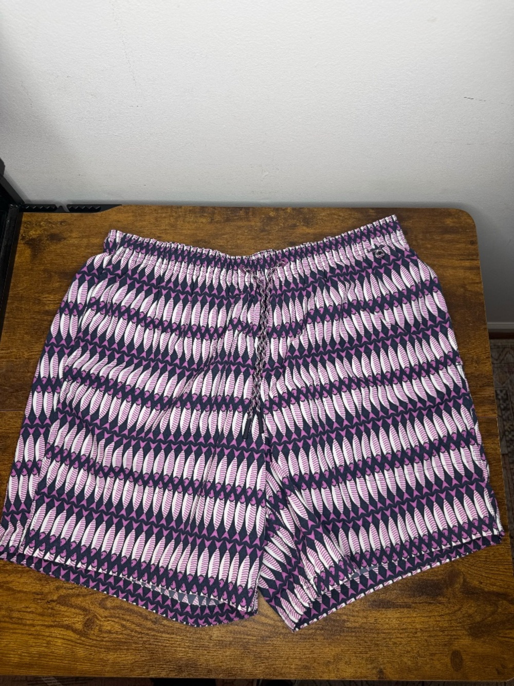 Eddie Bauer Tidal swim shorts (Size L) feature a distinctive pink and dark fish